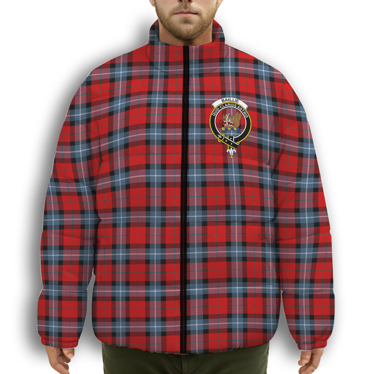 ScotsTee Shop Scottish Baillie of Polkemmet Red Modern Crest Tartan Collar Down Jacket Winter White Duck Down Plaid