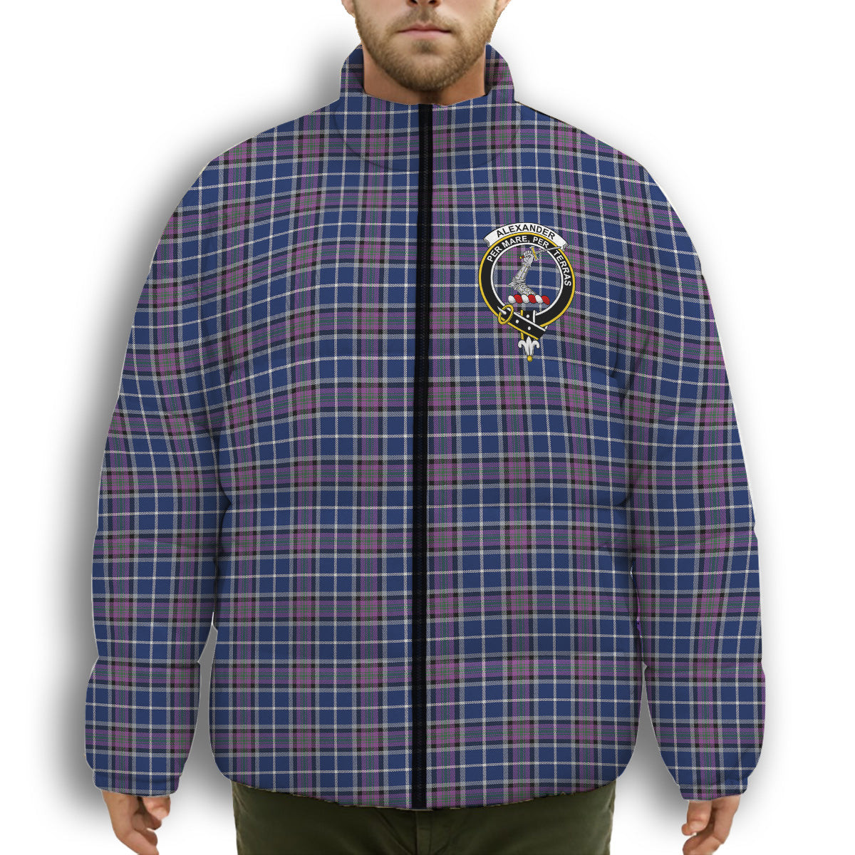 ScotsTee Shop Scottish Alexander of Menstry Modern Crest Tartan Collar Down Jacket Winter White Duck Down Plaid