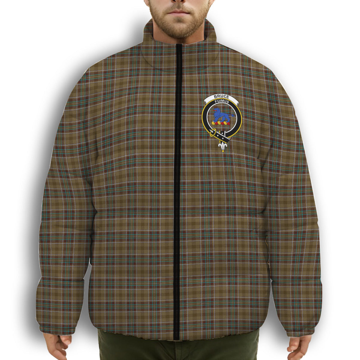 ScotsTee Shop Scottish Bruce of Kinnaird (Vivienne Westwood Design) Crest Tartan Collar Down Jacket Winter White Duck Down Plaid