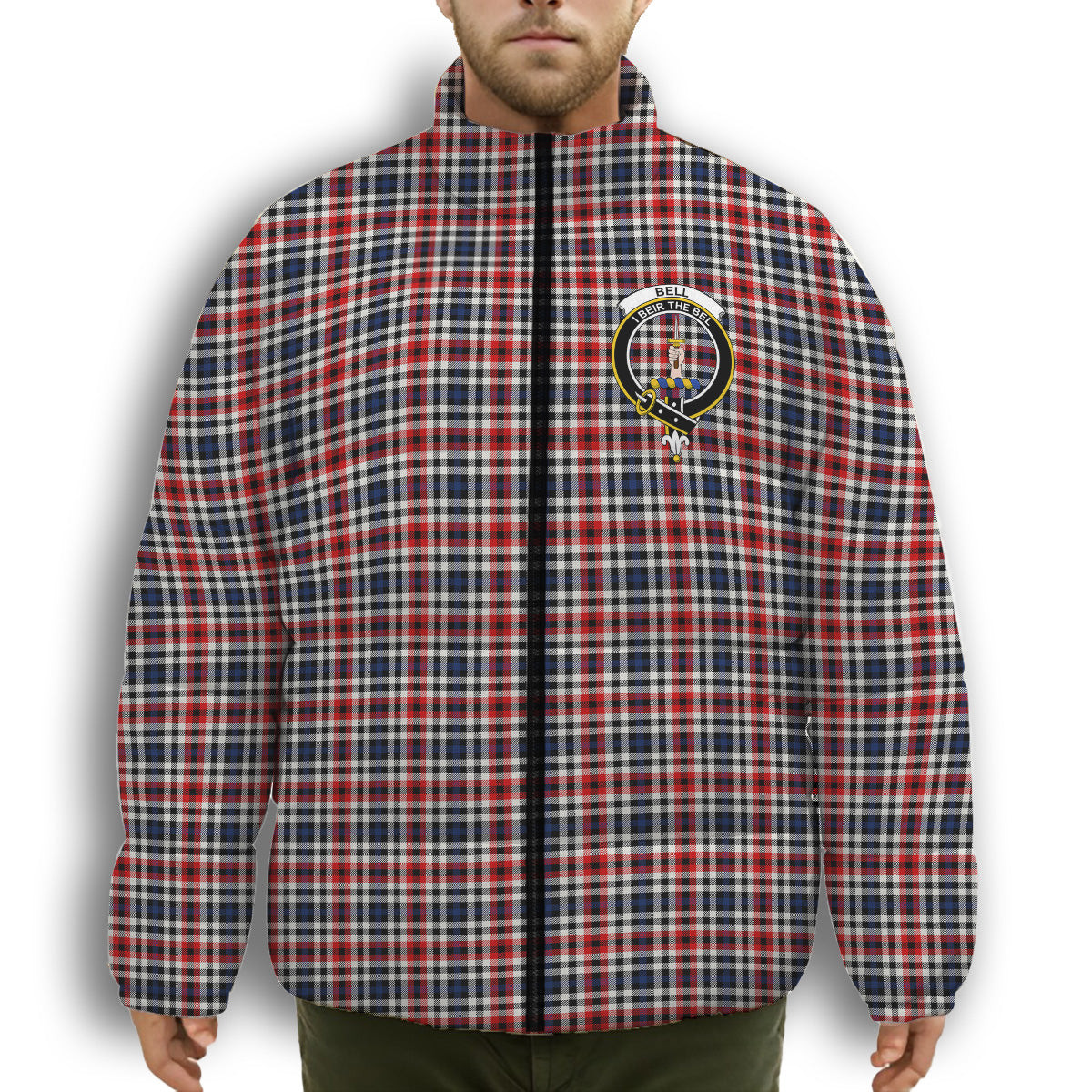 ScotsTee Shop Scottish Bell Border (Bell Southern Bell) Modern Crest Tartan Collar Down Jacket Winter White Duck Down Plaid