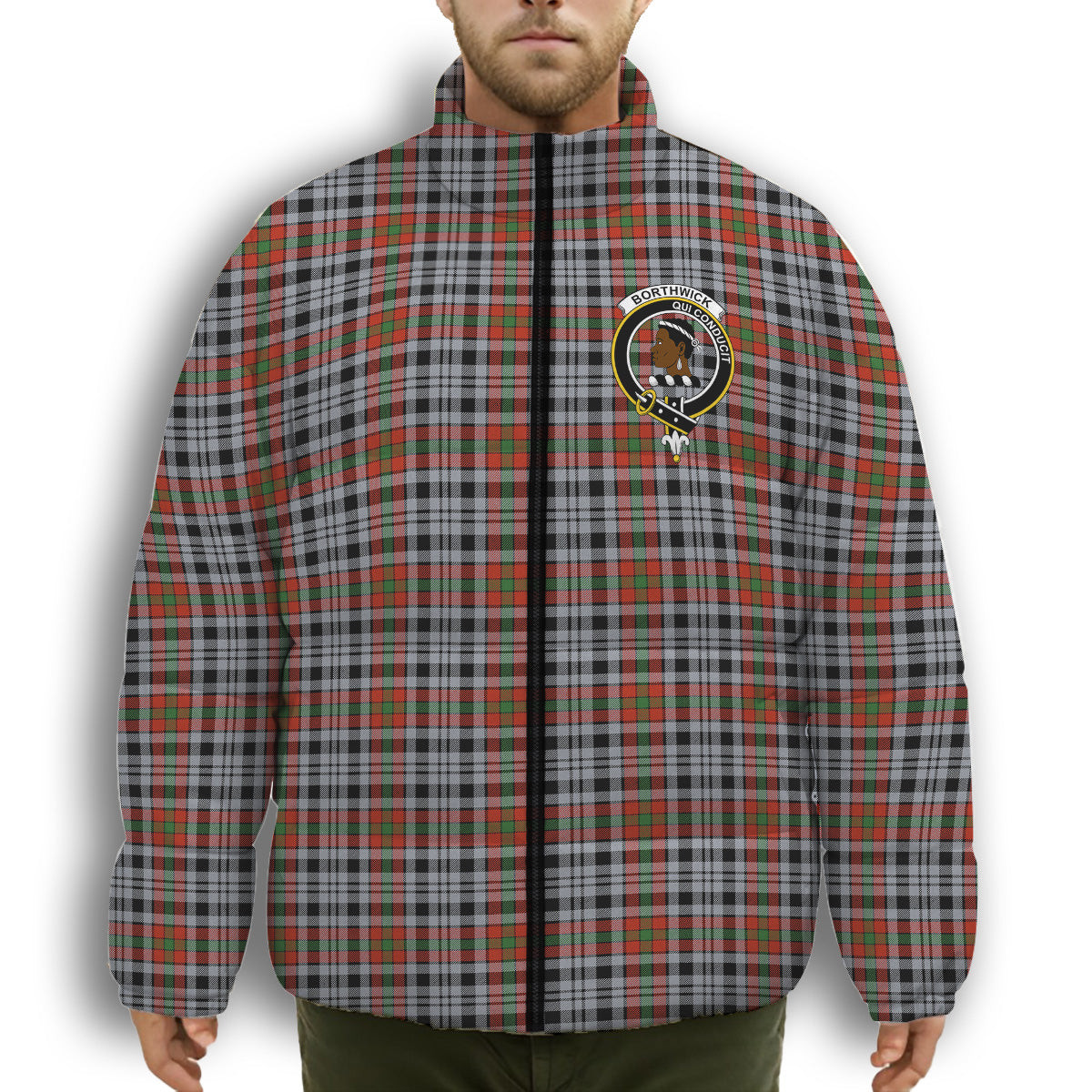 ScotsTee Shop Scottish Borthwick Dress Ancient Crest Tartan Collar Down Jacket Winter White Duck Down Plaid