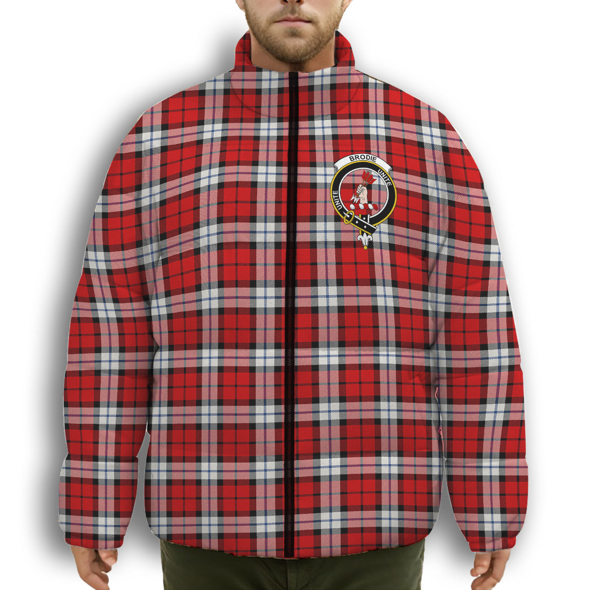 ScotsTee Shop Scottish Brodie Dress Modern Crest Tartan Collar Down Jacket Winter White Duck Down Plaid