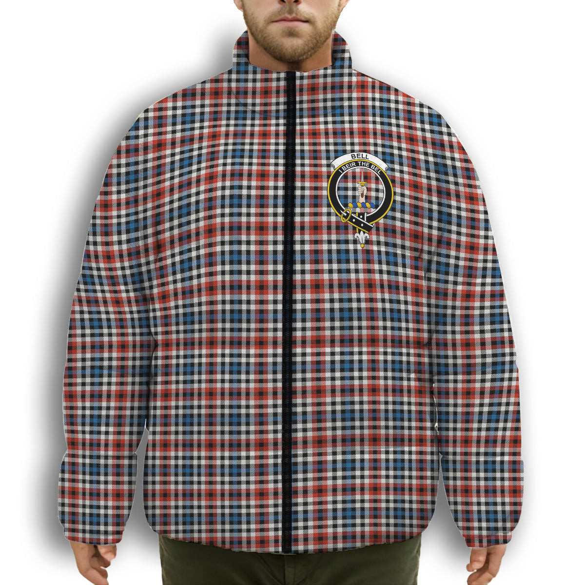 ScotsTee Shop Scottish Bell Border (Bell Southern Bell) Ancient Crest Tartan Collar Down Jacket Winter White Duck Down Plaid