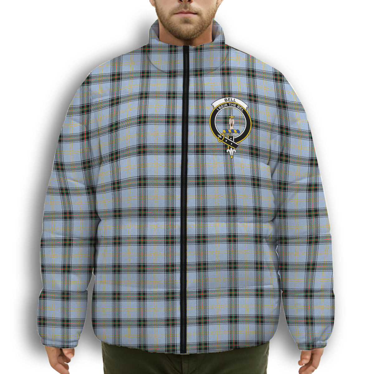 ScotsTee Shop Scottish Bell of the Borders Ancient Crest Tartan Collar Down Jacket Winter White Duck Down Plaid