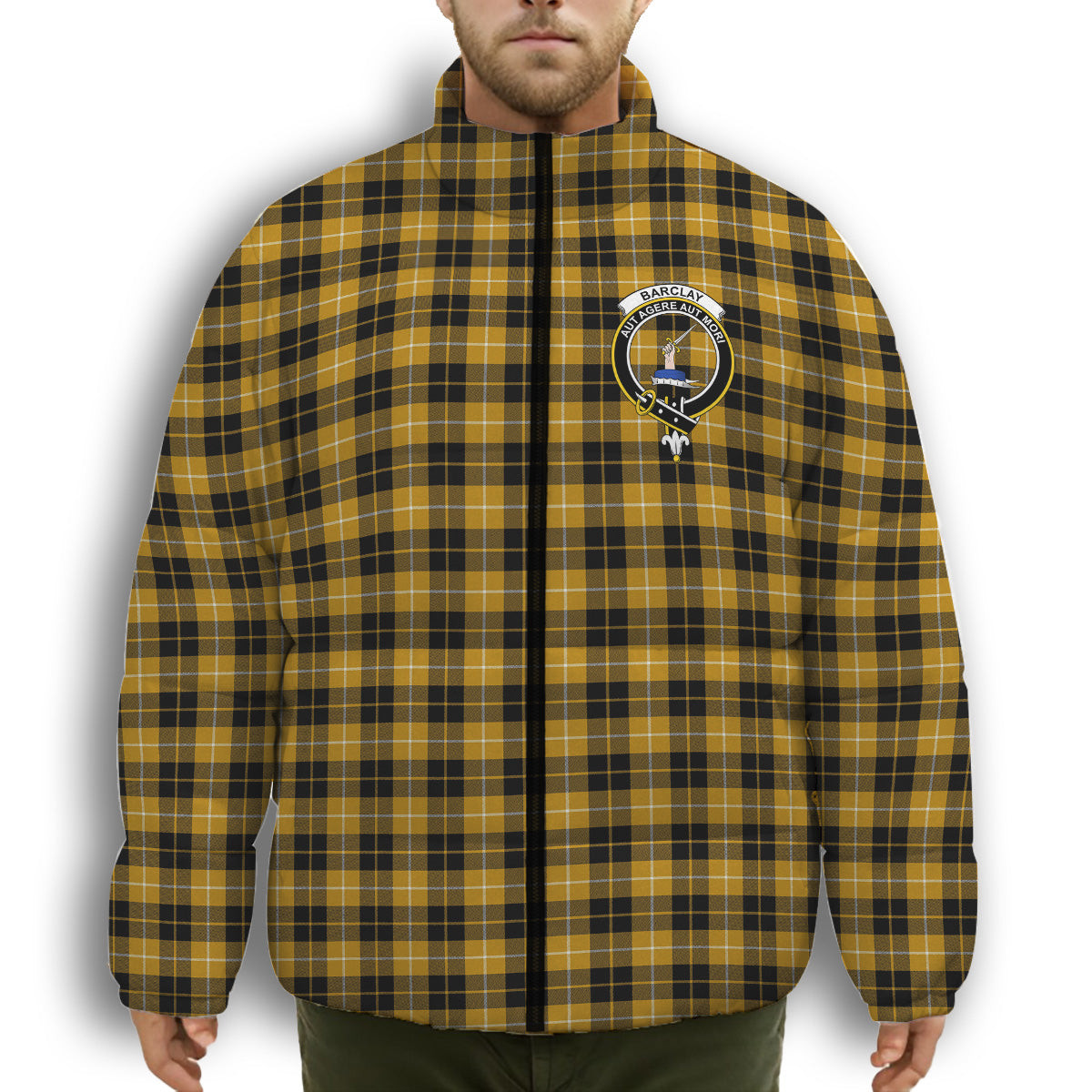 ScotsTee Shop Scottish Barclay Dress Ancient Clan Crest Tartan Collar Down Jacket Winter White Duck Down Plaid