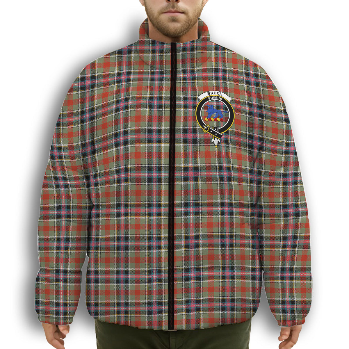 ScotsTee Shop Scottish Bruce of Kinnaird Ancient Crest Tartan Collar Down Jacket Winter White Duck Down Plaid