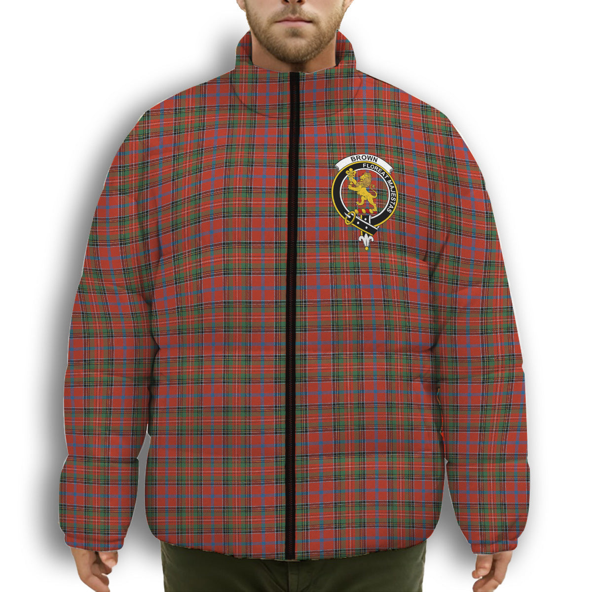 ScotsTee Shop Scottish Brown of Castledean (Broun of Castledean) Ancient Crest Tartan Collar Down Jacket Winter White Duck Down Plaid