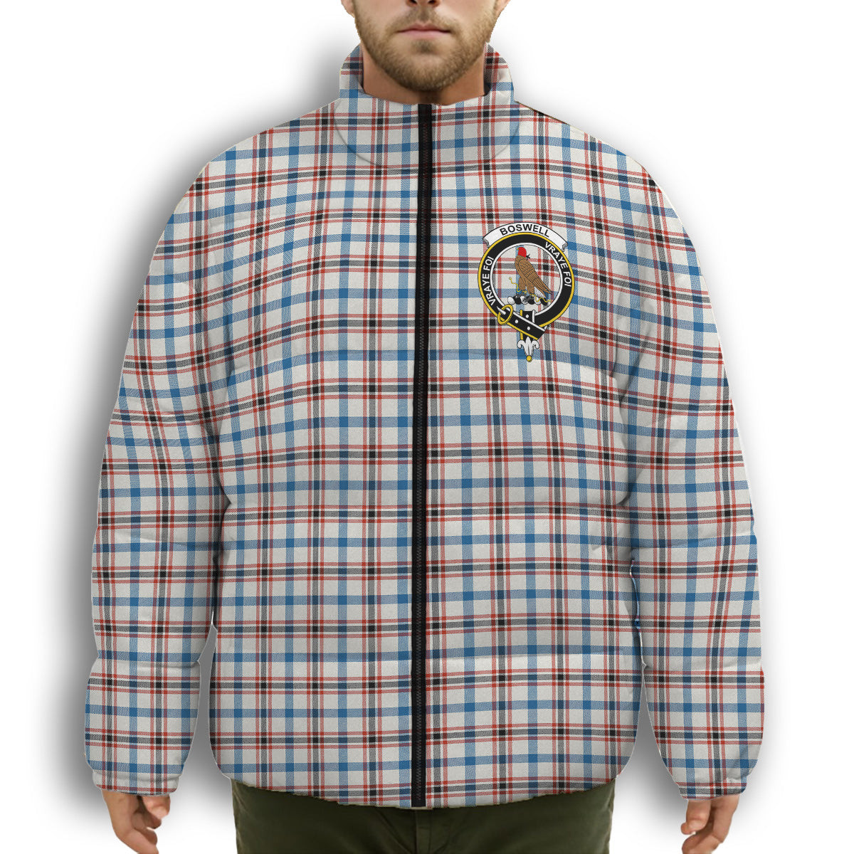 ScotsTee Shop Scottish Boswell Dress Ancient Crest Tartan Collar Down Jacket Winter White Duck Down Plaid