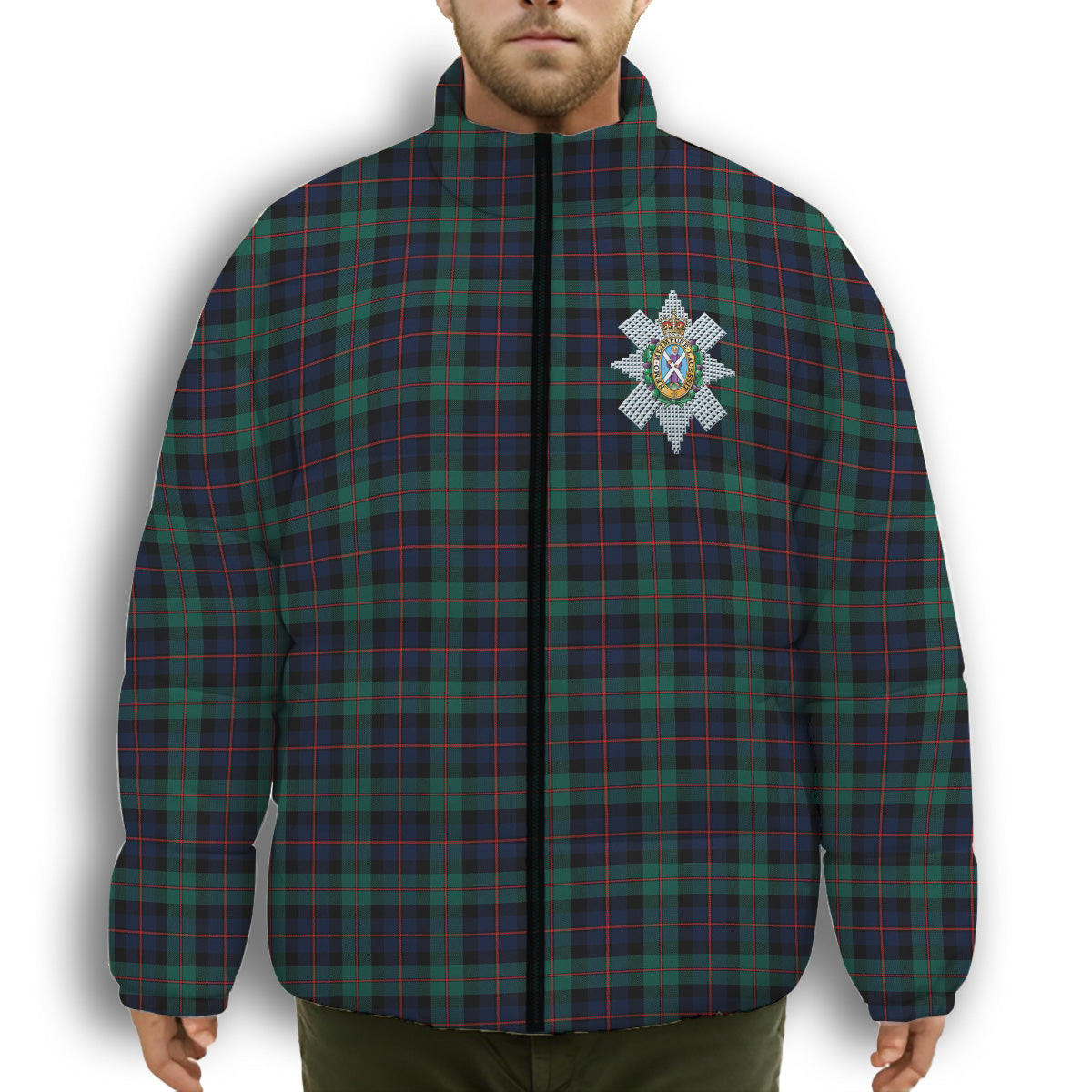 ScotsTee Shop Scottish Black Watch Coarse Kilt Modern Crest Tartan Collar Down Jacket Winter White Duck Down Plaid