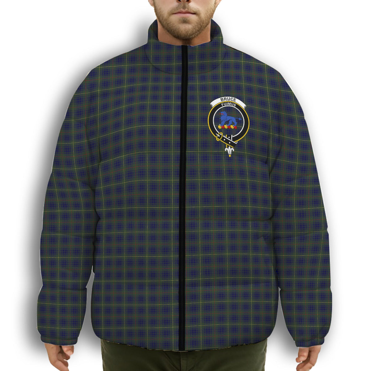 ScotsTee Shop Scottish Bruce of Crionaich Crest Tartan Collar Down Jacket Winter White Duck Down Plaid