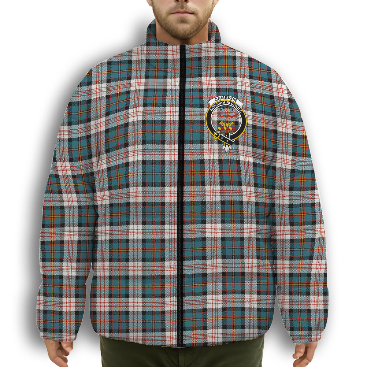 ScotsTee Shop Scottish Cameron of Erracht Dress Ancient Crest Tartan Collar Down Jacket Winter White Duck Down Plaid