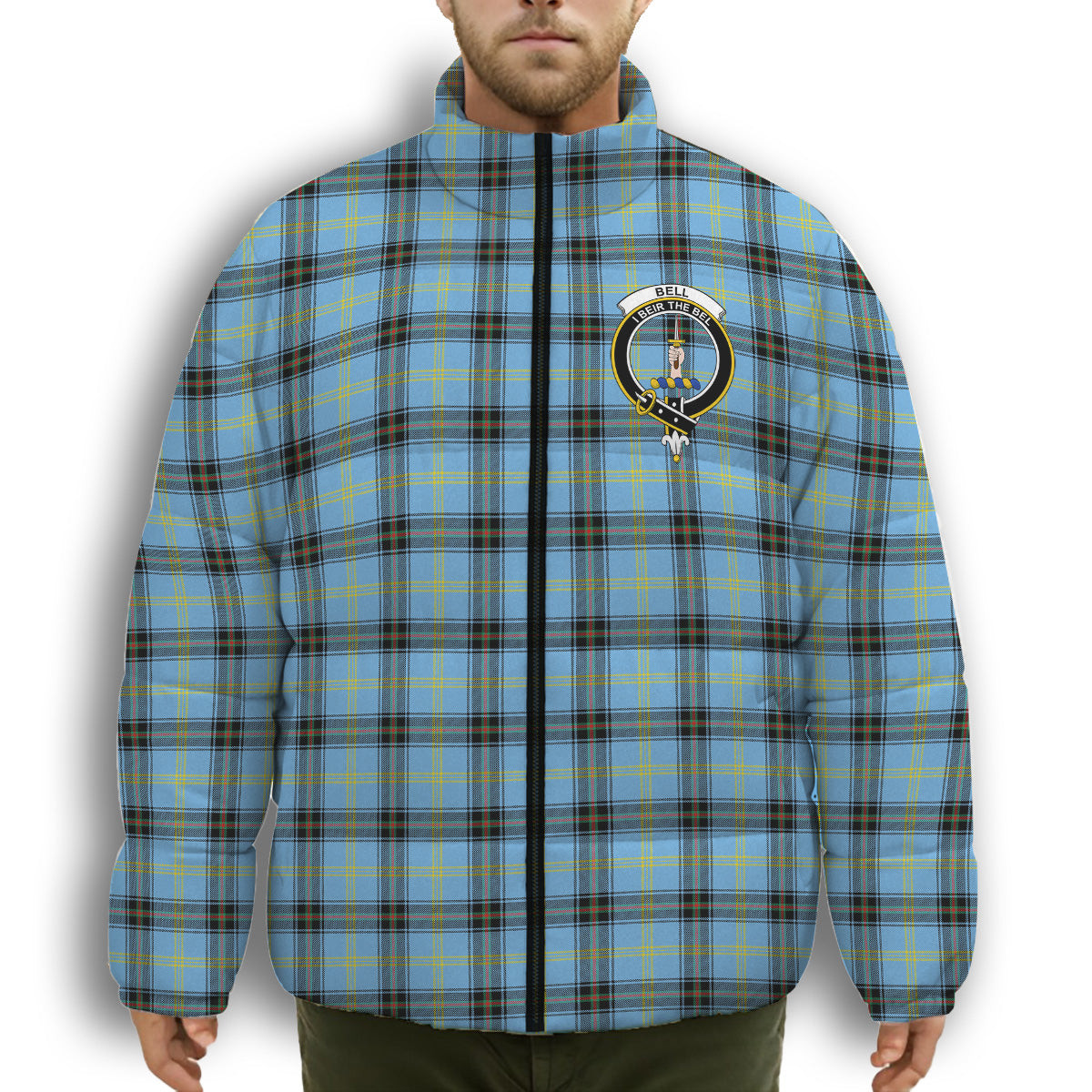 ScotsTee Shop Scottish Bell of the Borders Modern Crest Tartan Collar Down Jacket Winter White Duck Down Plaid