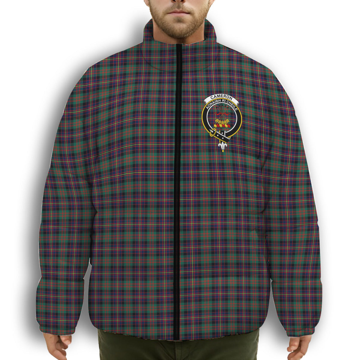 ScotsTee Shop Scottish Cameron Highlanders of Ottawa Crest Tartan Collar Down Jacket Winter White Duck Down Plaid