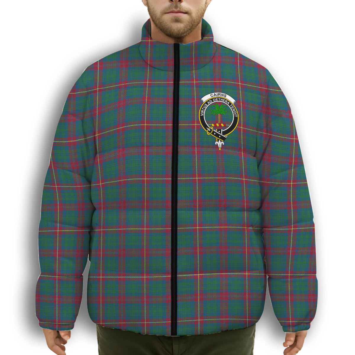 ScotsTee Shop Scottish Cairns of Finavon Ancient Crest Tartan Collar Down Jacket Winter White Duck Down Plaid