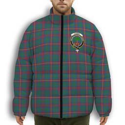 ScotsTee Shop Scottish Cairns of Finavon Ancient Crest Tartan Collar Down Jacket Winter White Duck Down Plaid