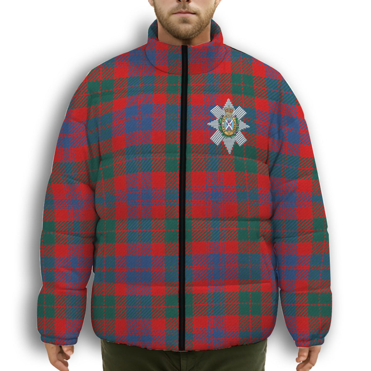 ScotsTee Shop Scottish Black Watch Pipe Band Modern Crest Tartan Collar Down Jacket Winter White Duck Down Plaid