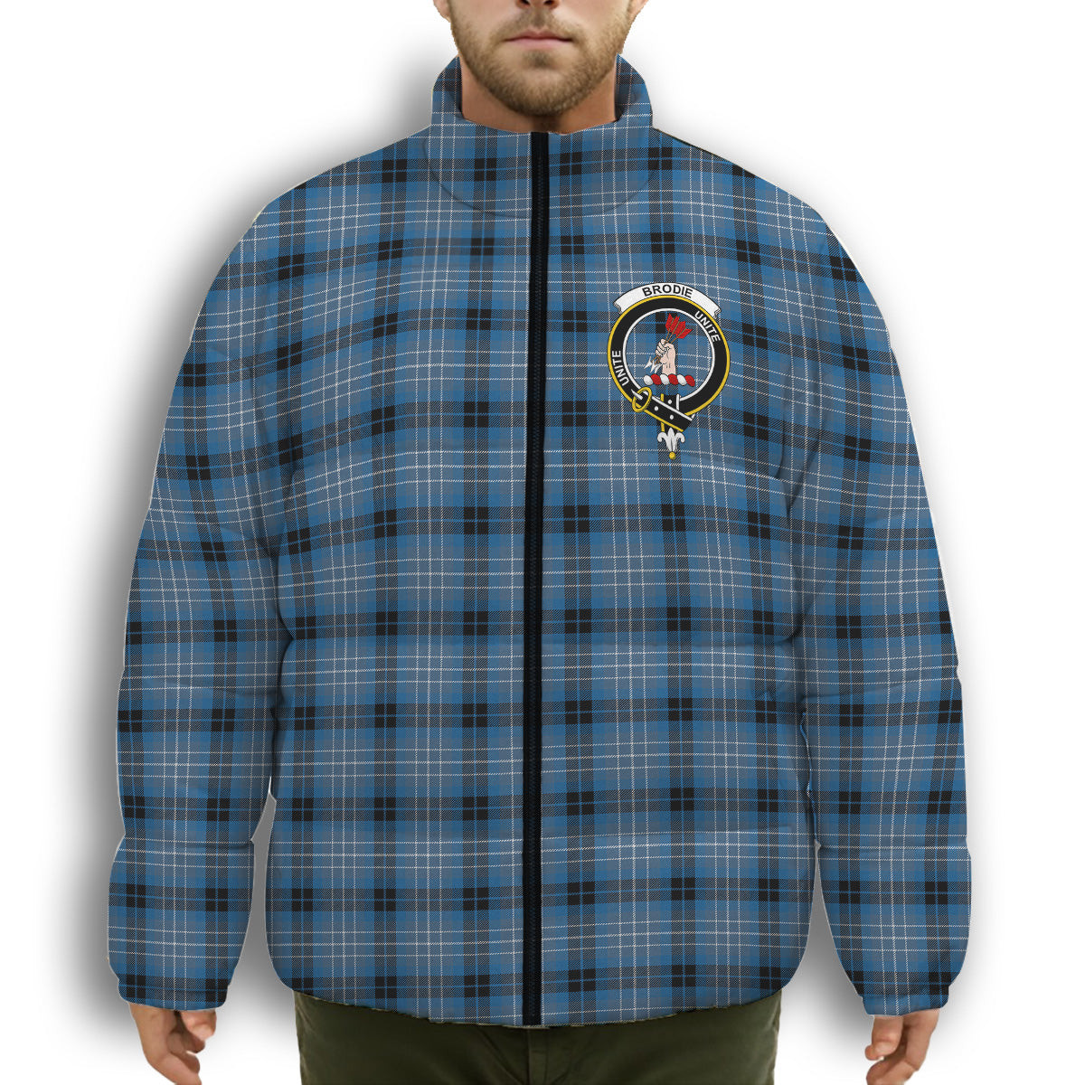 ScotsTee Shop Scottish Brodie Countryfare Ancient Crest Tartan Collar Down Jacket Winter White Duck Down Plaid