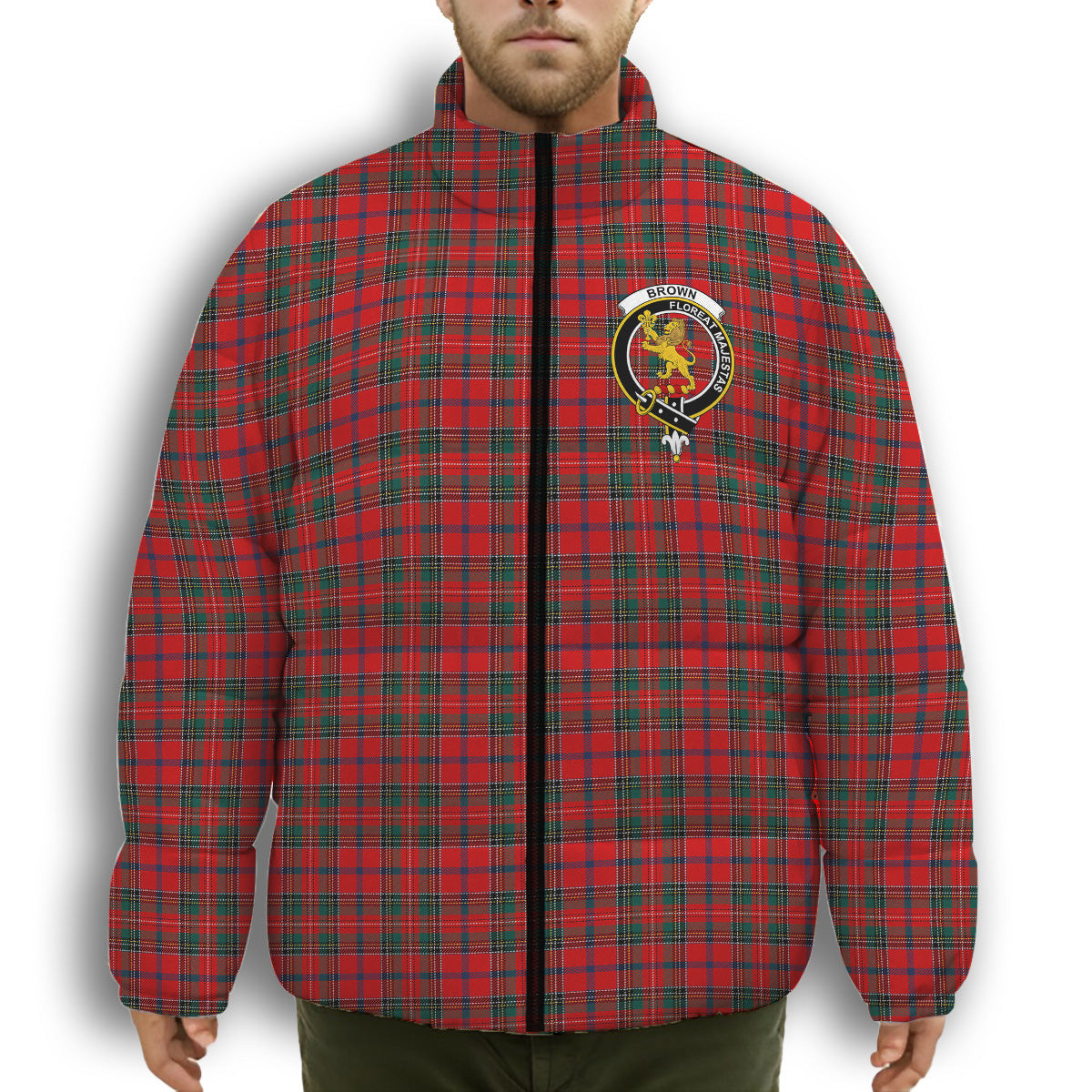 ScotsTee Shop Scottish Brown of Castledean (Broun of Castledean) Modern Crest Tartan Collar Down Jacket Winter White Duck Down Plaid
