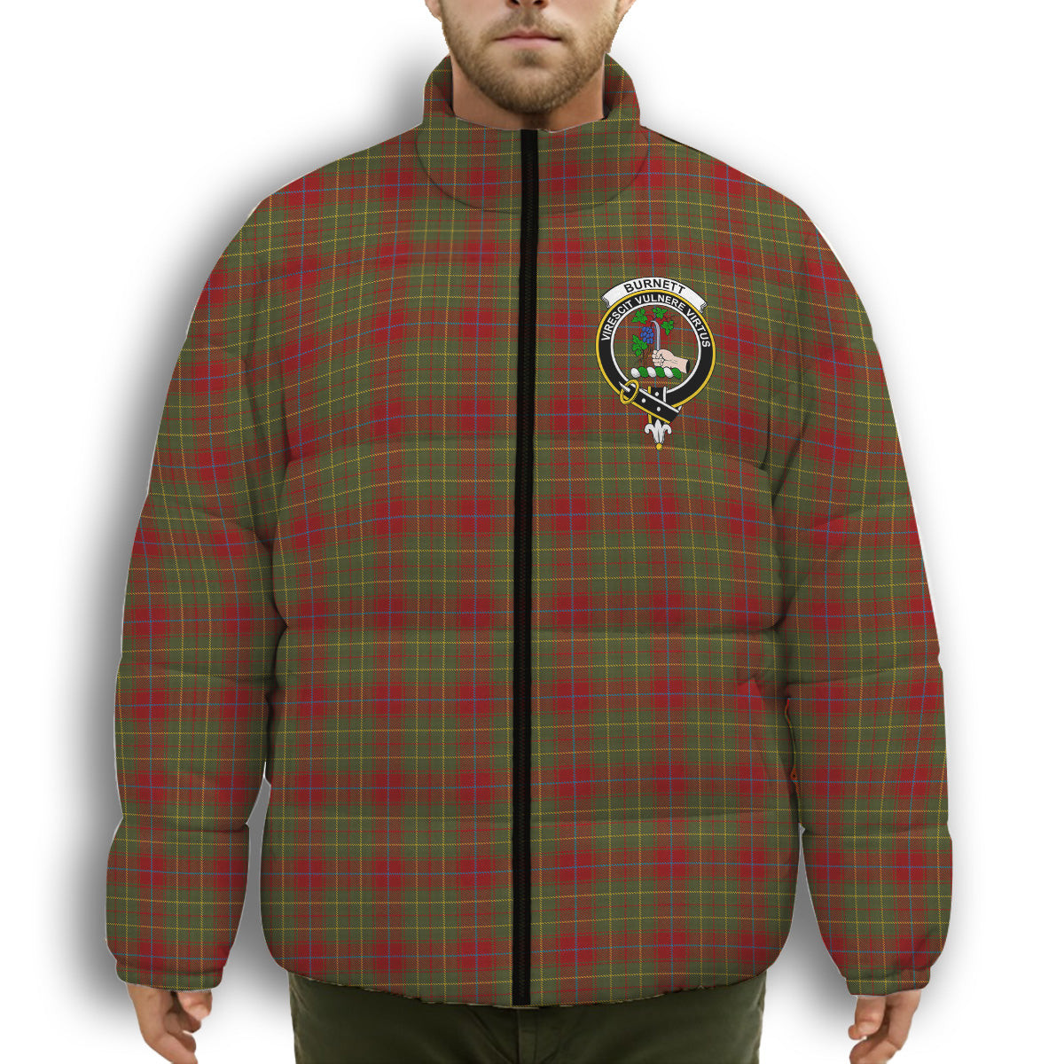 ScotsTee Shop Scottish Burnett of Powis Modern 2 Crest Tartan Collar Down Jacket Winter White Duck Down Plaid