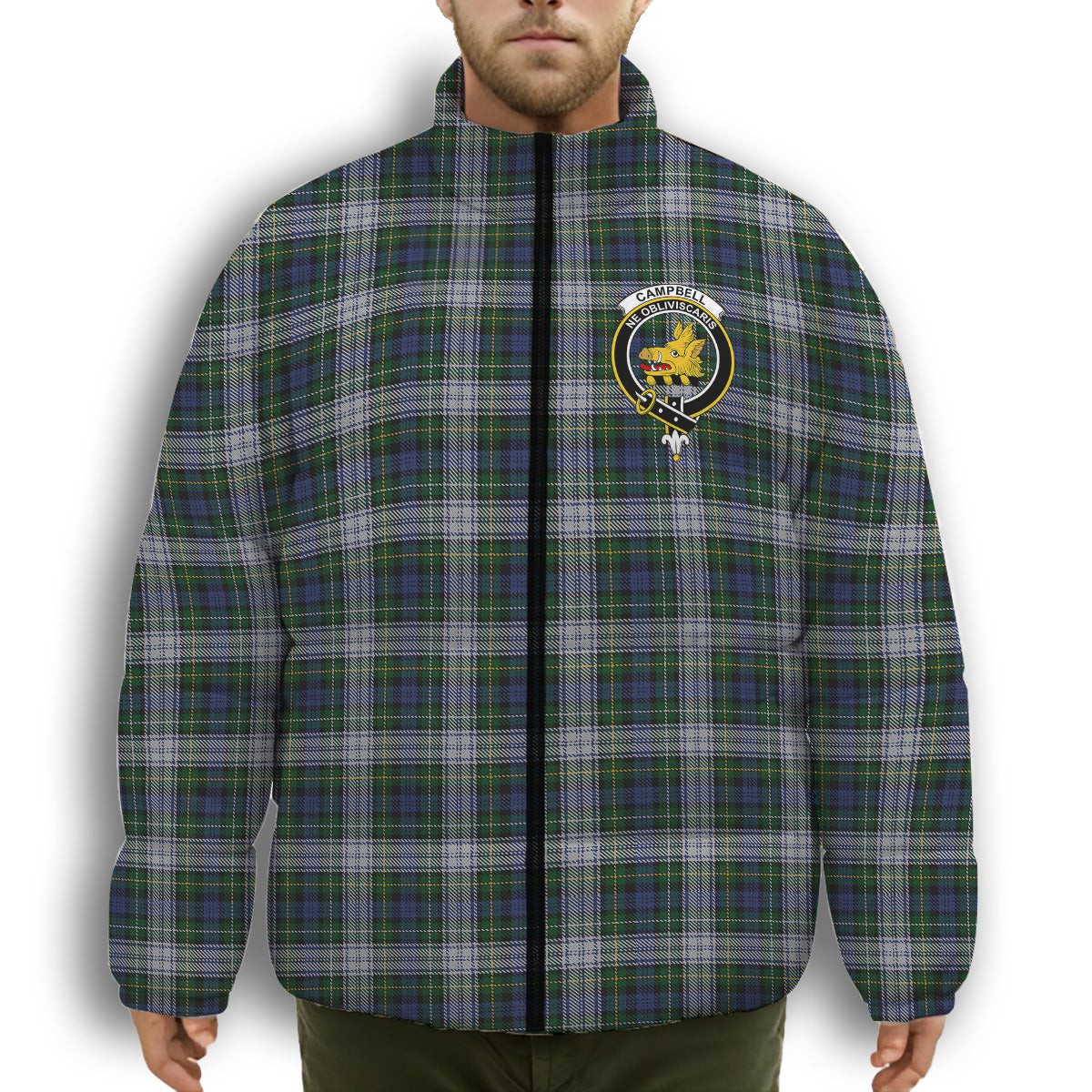 ScotsTee Shop Scottish Campbell of Lochnell Dress Crest Tartan Collar Down Jacket Winter White Duck Down Plaid