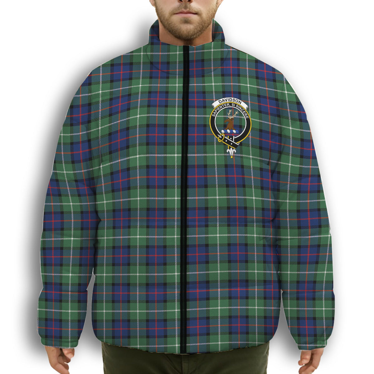 ScotsTee Shop Scottish Davidson of Tulloch Modern Crest Tartan Collar Down Jacket Winter White Duck Down Plaid