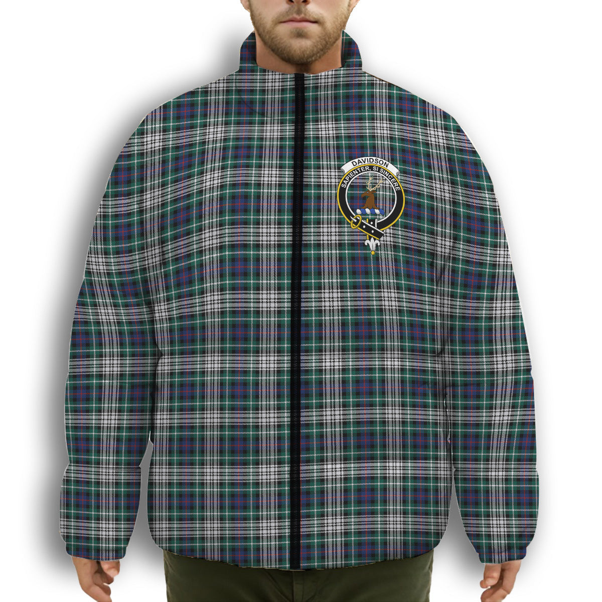 ScotsTee Shop Scottish Davidson of Tulloch Dress Modern Crest Tartan Collar Down Jacket Winter White Duck Down Plaid