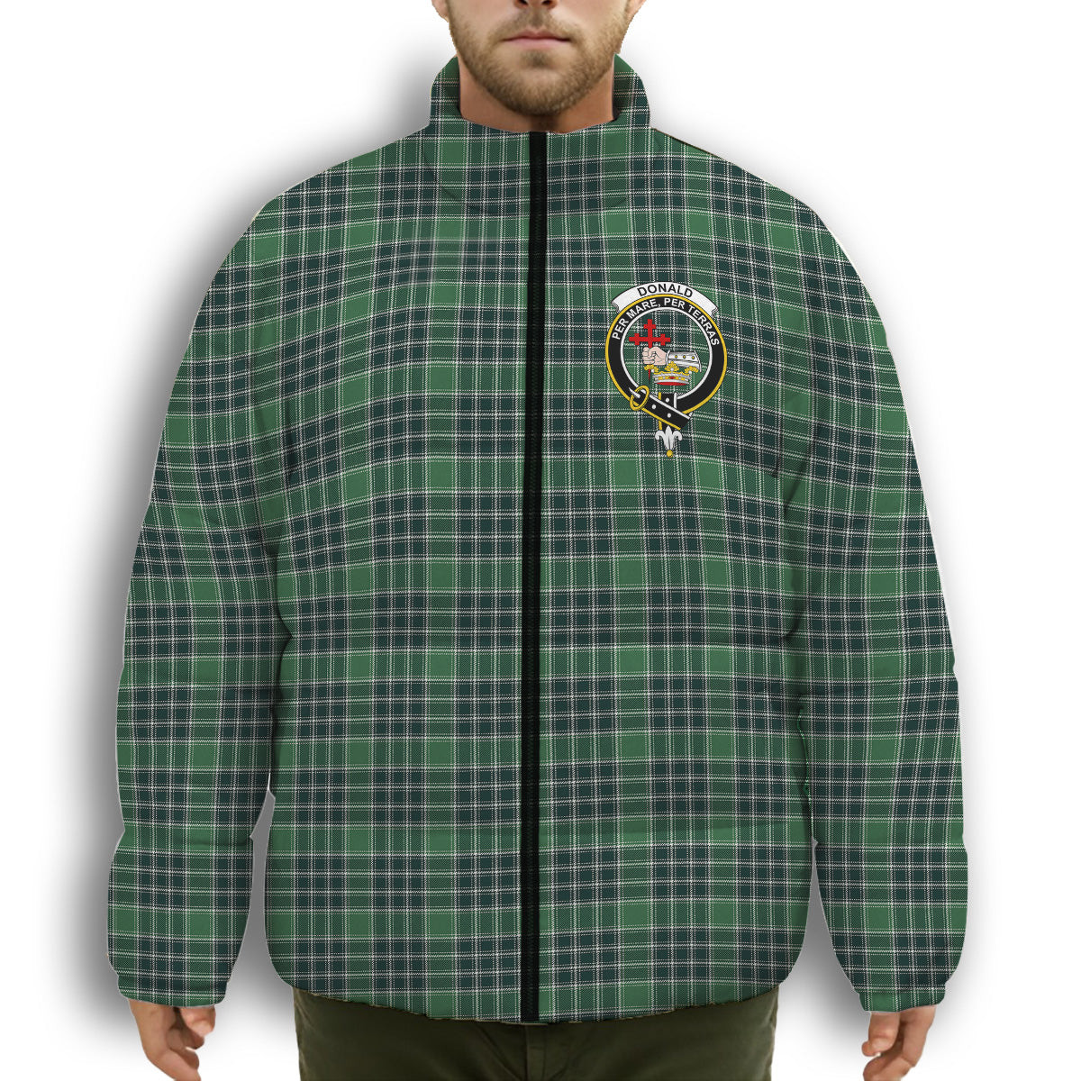 ScotsTee Shop Scottish Donald Lord of the Isles Hunting Modern Crest Tartan Collar Down Jacket Winter White Duck Down Plaid