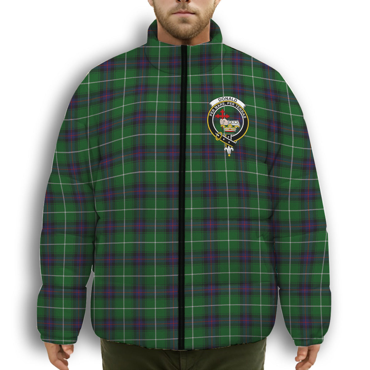 ScotsTee Shop Scottish Donald of The Isles Crest Tartan Collar Down Jacket Winter White Duck Down Plaid