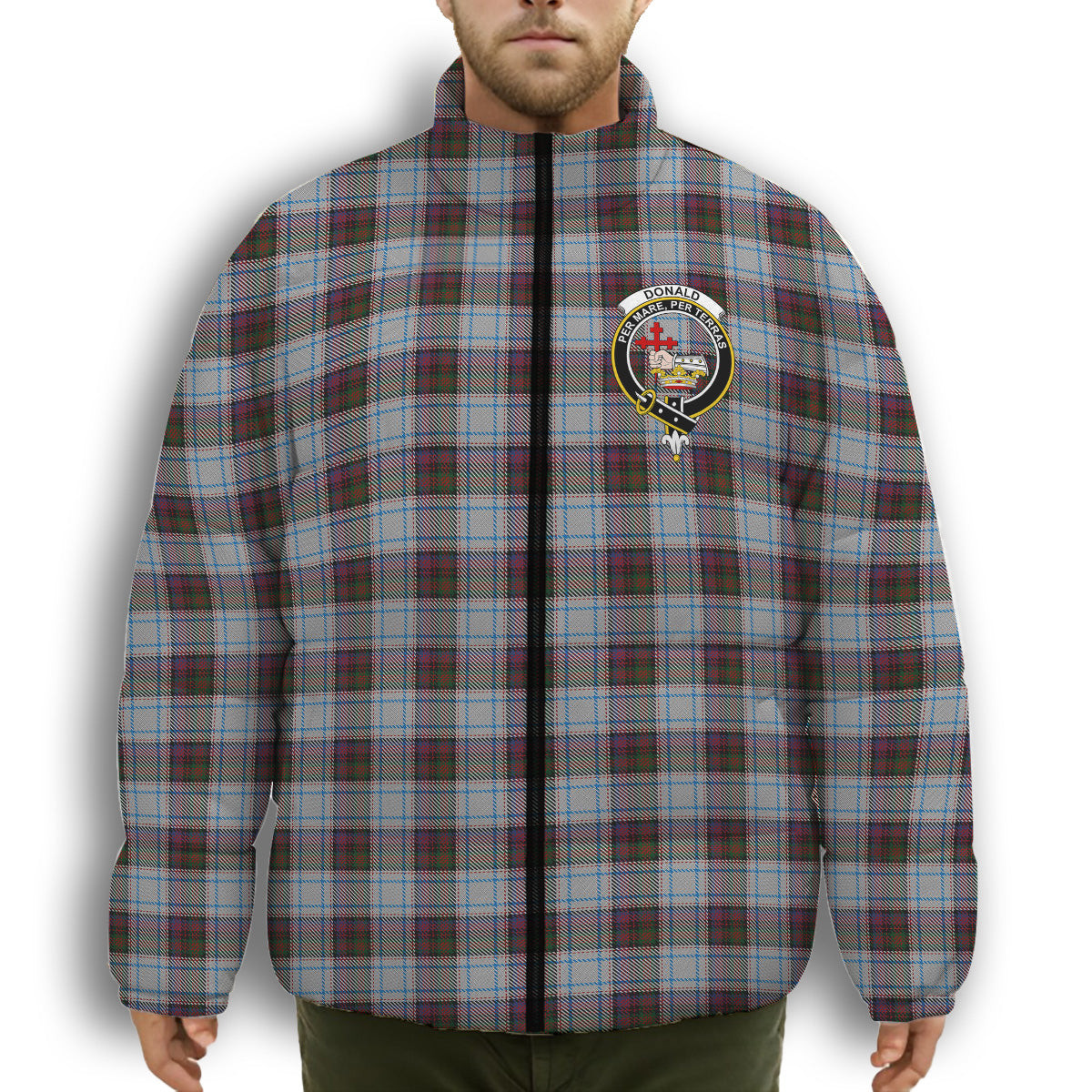 ScotsTee Shop Scottish Donald Dress Ancient Crest Tartan Collar Down Jacket Winter White Duck Down Plaid