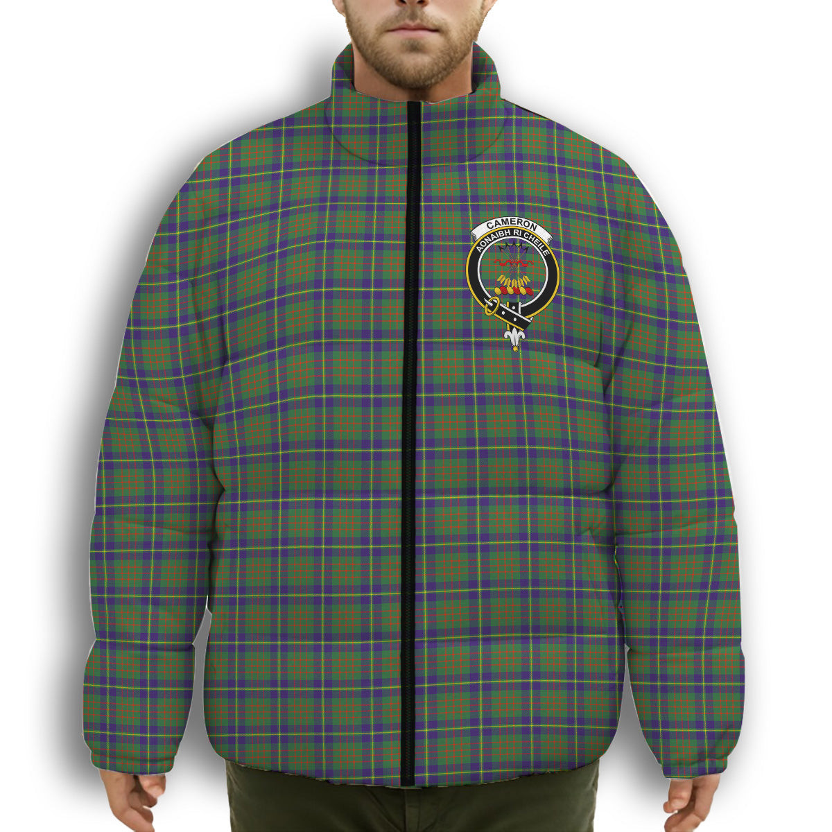 ScotsTee Shop Scottish Cameron of Lochiel Hunting Crest Tartan Collar Down Jacket Winter White Duck Down Plaid