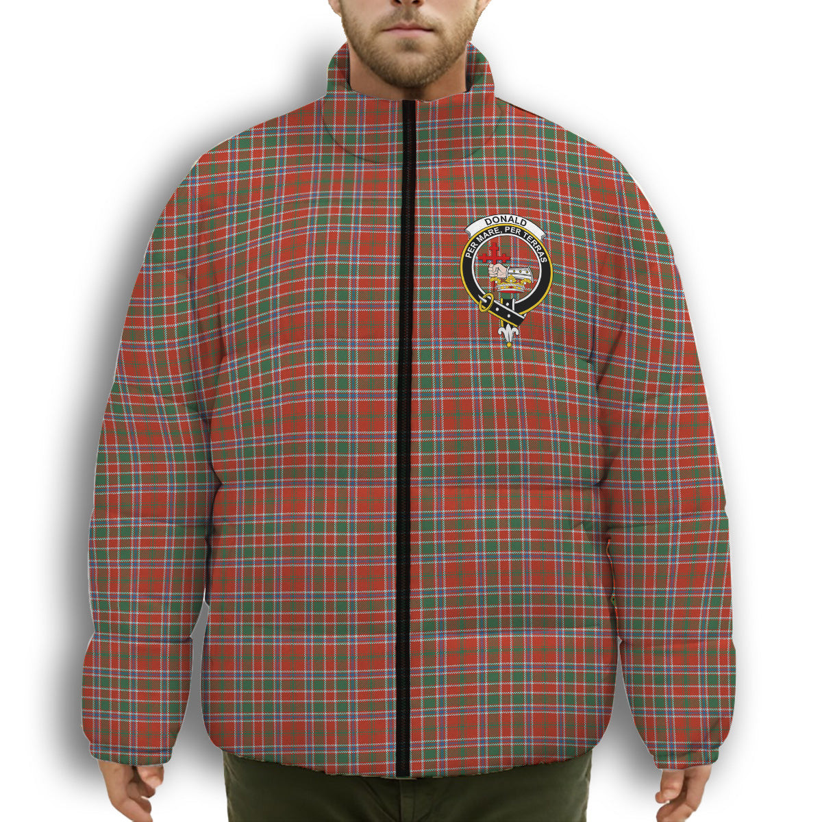 ScotsTee Shop Scottish Donald of Lochmaddy Ancient Crest Tartan Collar Down Jacket Winter White Duck Down Plaid