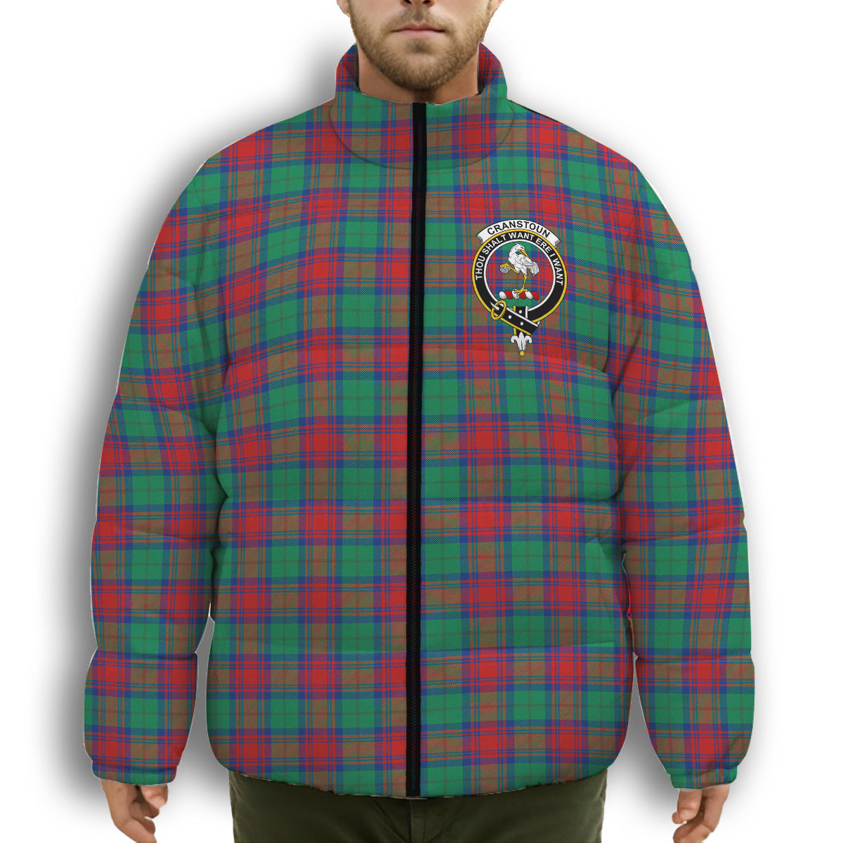 ScotsTee Shop Scottish Cranstoun Dress Modern Crest Tartan Collar Down Jacket Winter White Duck Down Plaid