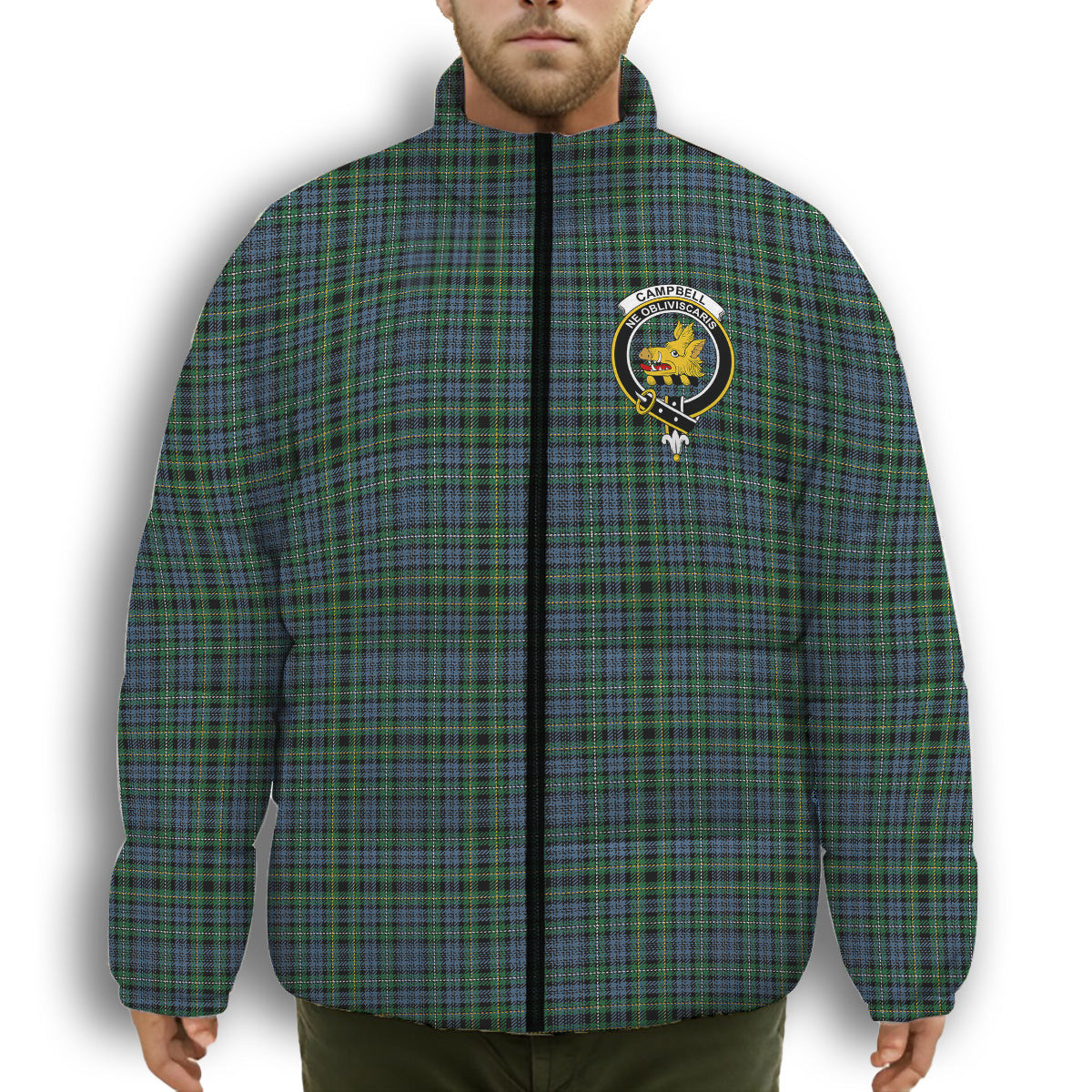 ScotsTee Shop Scottish Campbell of Argyll 1815 Ancient Crest Tartan Collar Down Jacket Winter White Duck Down Plaid