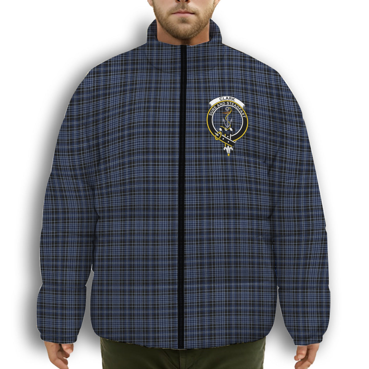ScotsTee Shop Scottish Clark (Clergy) Modern Clan Crest Tartan Collar Down Jacket Winter White Duck Down Plaid