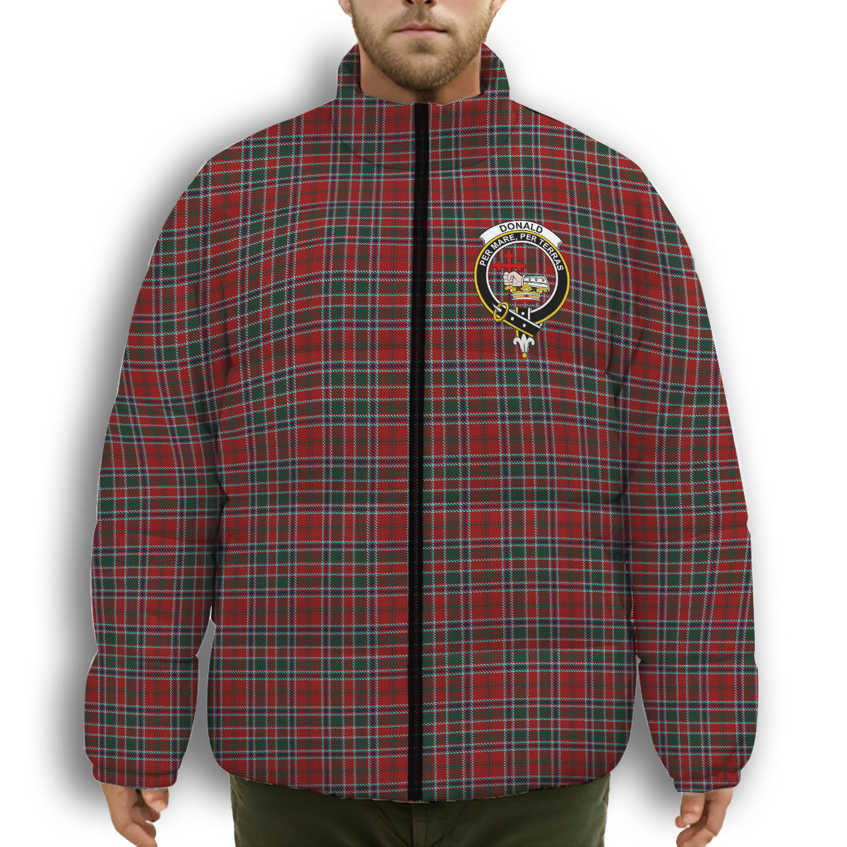 ScotsTee Shop Scottish Donald of Lochmaddy Crest Tartan Collar Down Jacket Winter White Duck Down Plaid