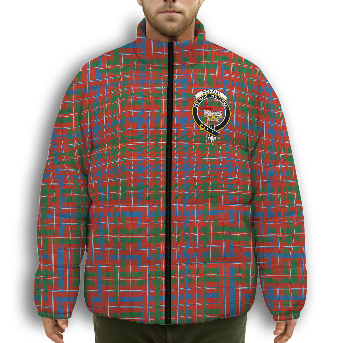 ScotsTee Shop Scottish Donald of Glenaladale Ancient Crest Tartan Collar Down Jacket Winter White Duck Down Plaid