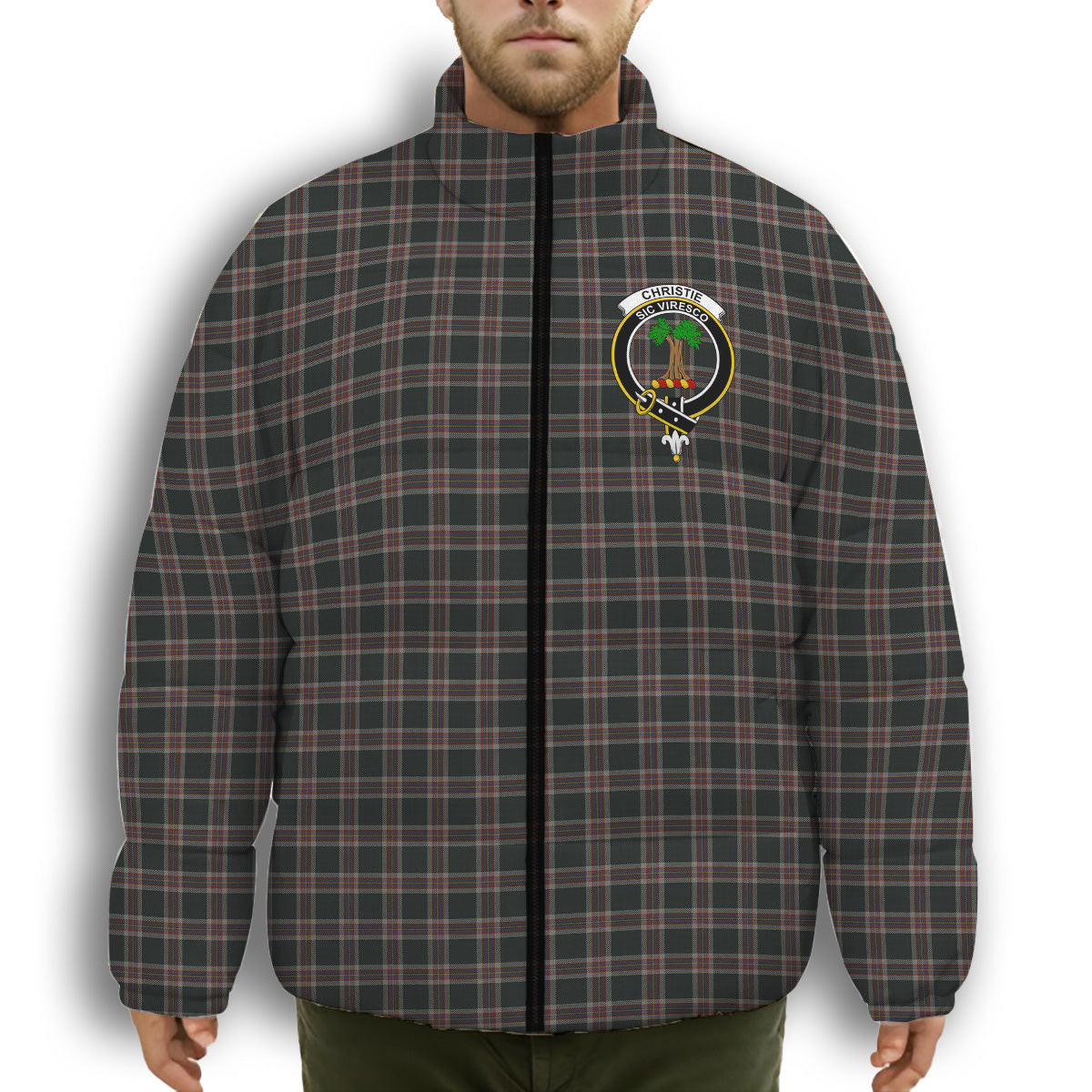 ScotsTee Shop Scottish Christie (London) Hunting Crest Tartan Collar Down Jacket Winter White Duck Down Plaid