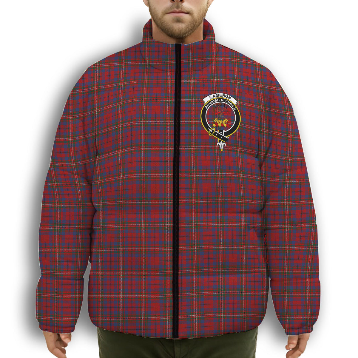 ScotsTee Shop Scottish Cameron of Locheil 1930 Crest Tartan Collar Down Jacket Winter White Duck Down Plaid