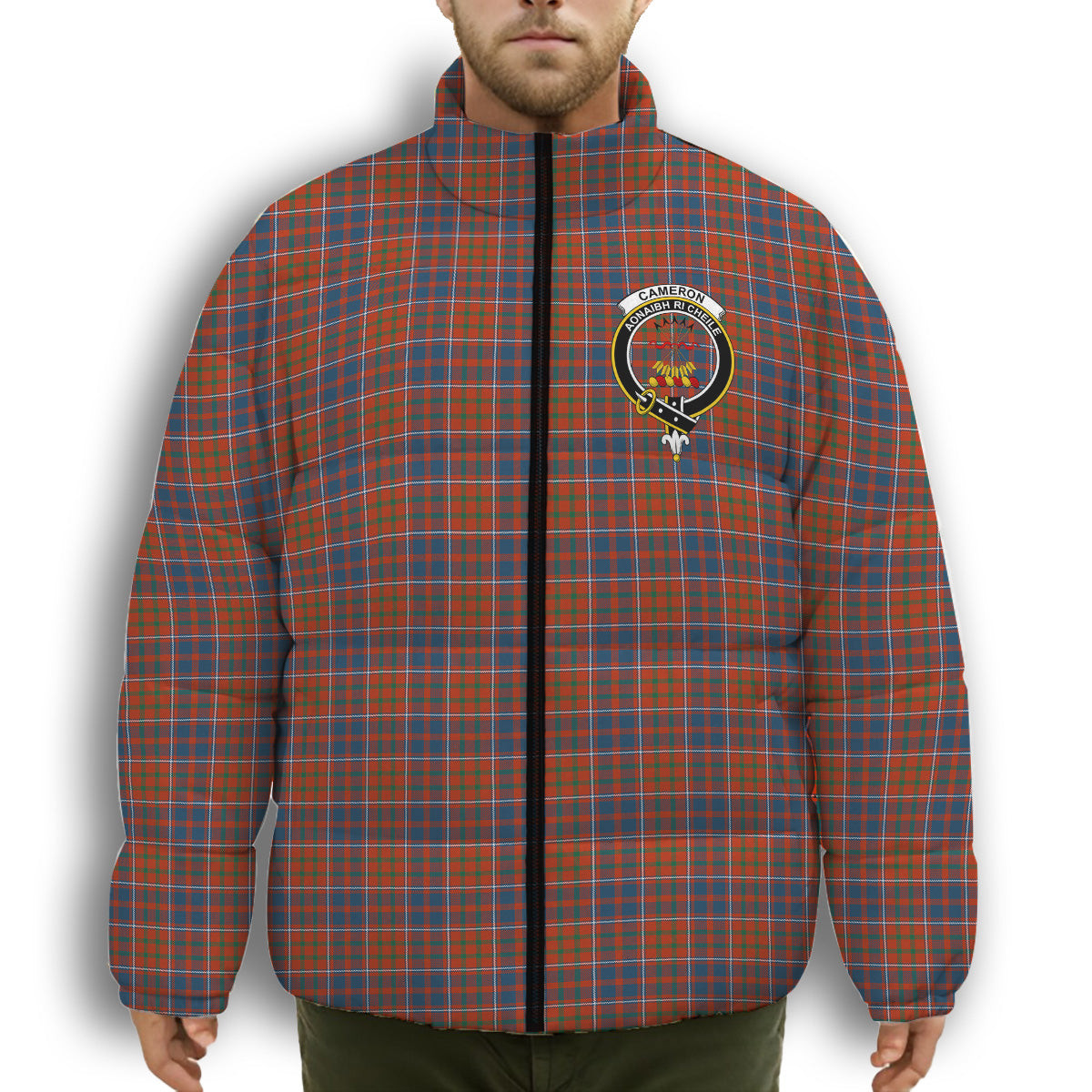 ScotsTee Shop Scottish Cameron of Lochiel Ancient Crest Tartan Collar Down Jacket Winter White Duck Down Plaid