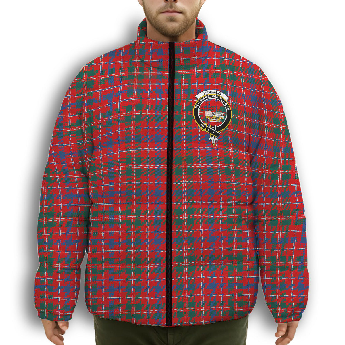 ScotsTee Shop Scottish Donald of Glenaladale Modern Crest Tartan Collar Down Jacket Winter White Duck Down Plaid
