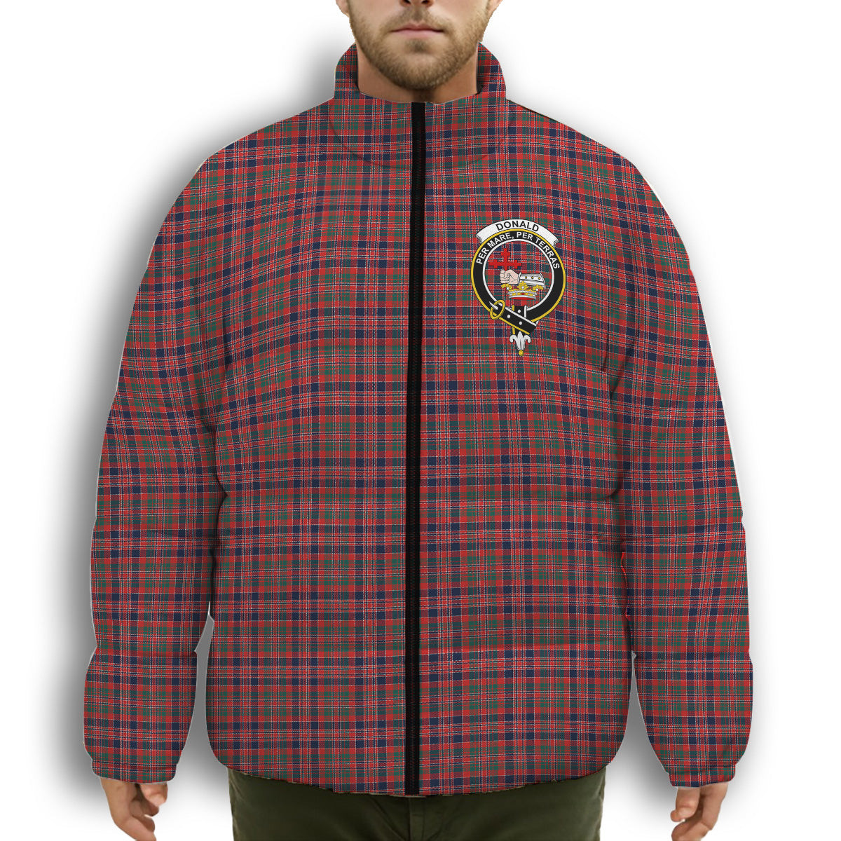 ScotsTee Shop Scottish Donald of Boisdale Modern Crest Tartan Collar Down Jacket Winter White Duck Down Plaid