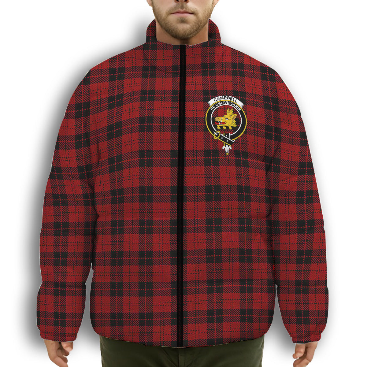 ScotsTee Shop Scottish Campbell of Armaddie Crest Tartan Collar Down Jacket Winter White Duck Down Plaid