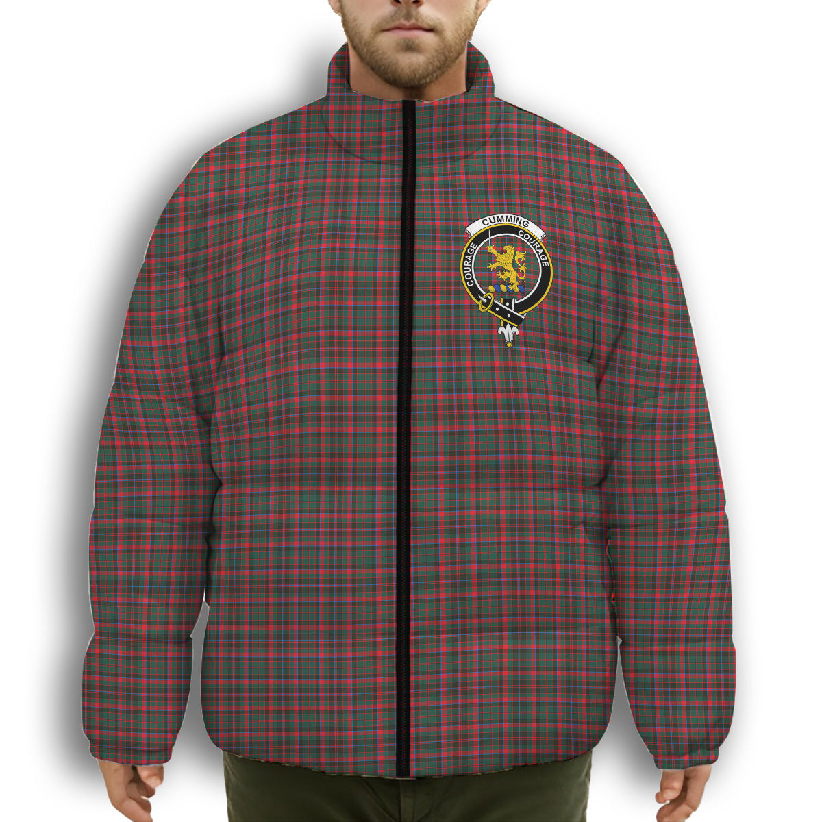 ScotsTee Shop Scottish Cumming Hunting Modern Crest Tartan Collar Down Jacket Winter White Duck Down Plaid