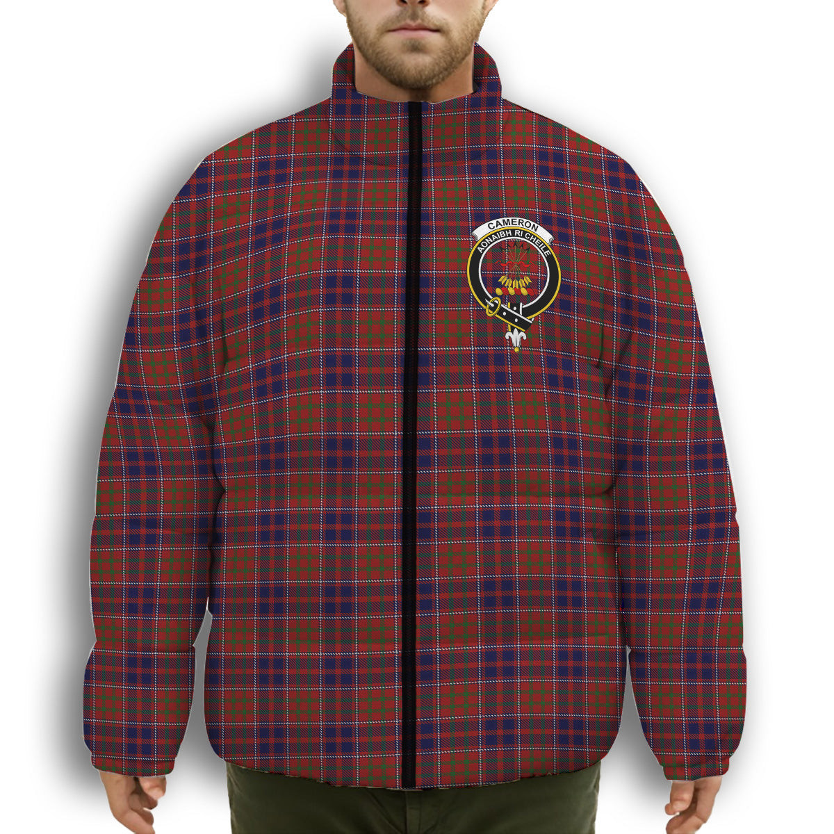 ScotsTee Shop Scottish Cameron of Locheil Original Crest Tartan Collar Down Jacket Winter White Duck Down Plaid