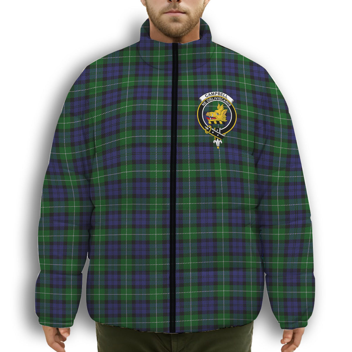 ScotsTee Shop Scottish Campbell of Argyll Smiths Crest Tartan Collar Down Jacket Winter White Duck Down Plaid