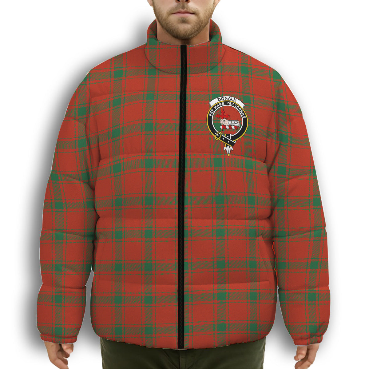 ScotsTee Shop Scottish Donald of Sleat Ancient Crest Tartan Collar Down Jacket Winter White Duck Down Plaid