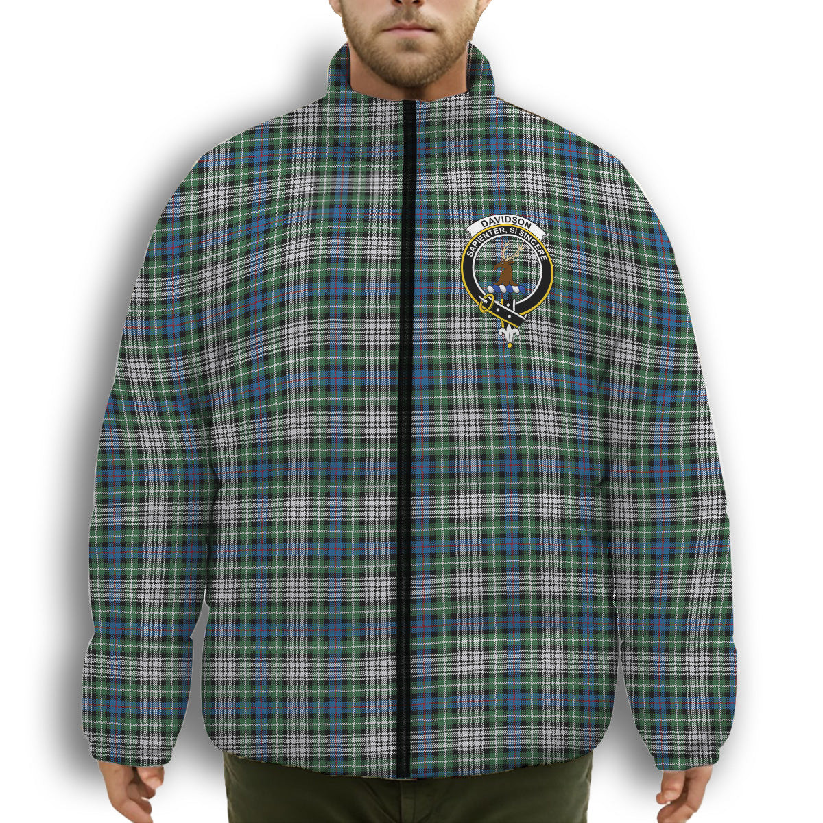 ScotsTee Shop Scottish Davidson of Tulloch Dress Ancient Crest Tartan Collar Down Jacket Winter White Duck Down Plaid