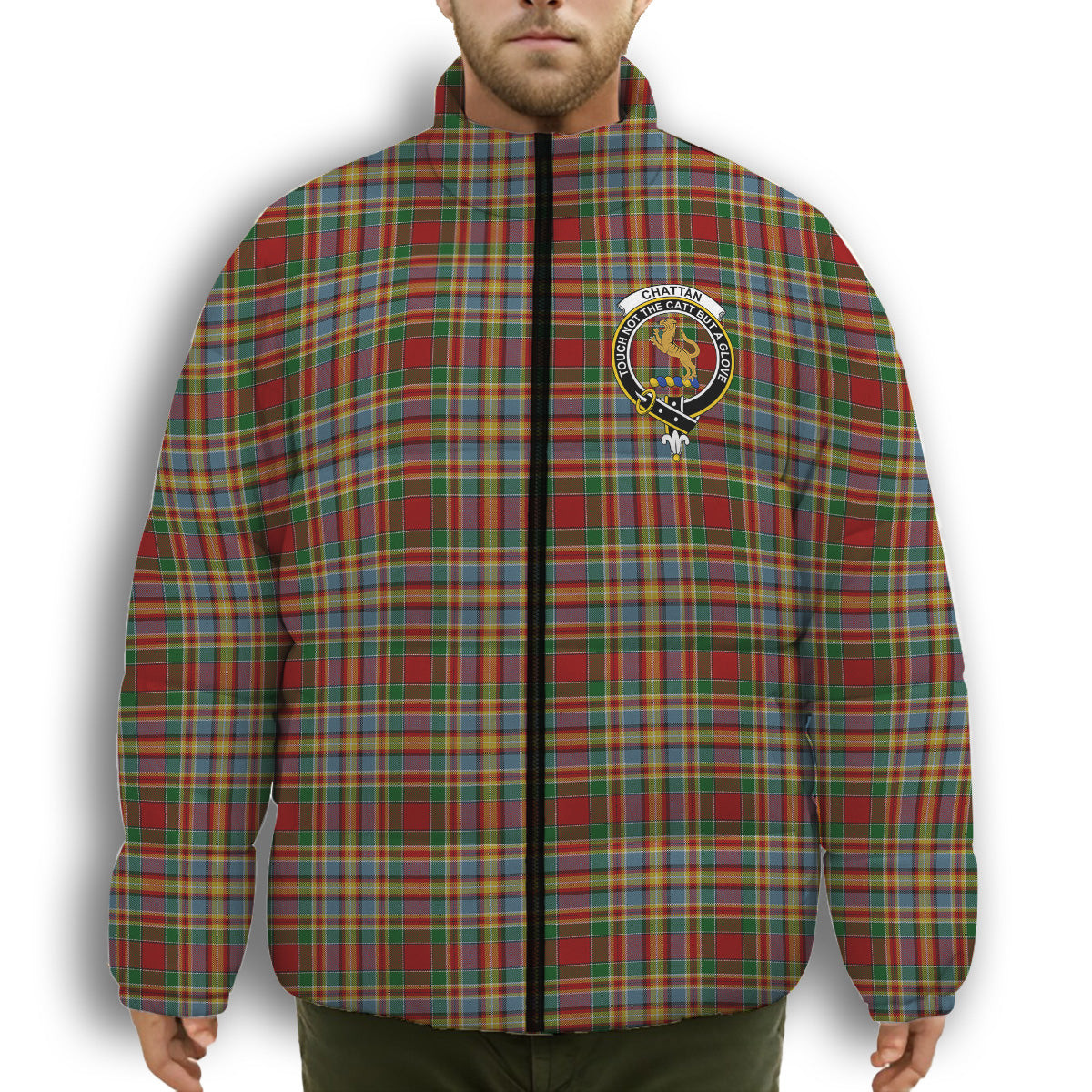 ScotsTee Shop Scottish Chattan Chief of Clan Crest Tartan Collar Down Jacket Winter White Duck Down Plaid