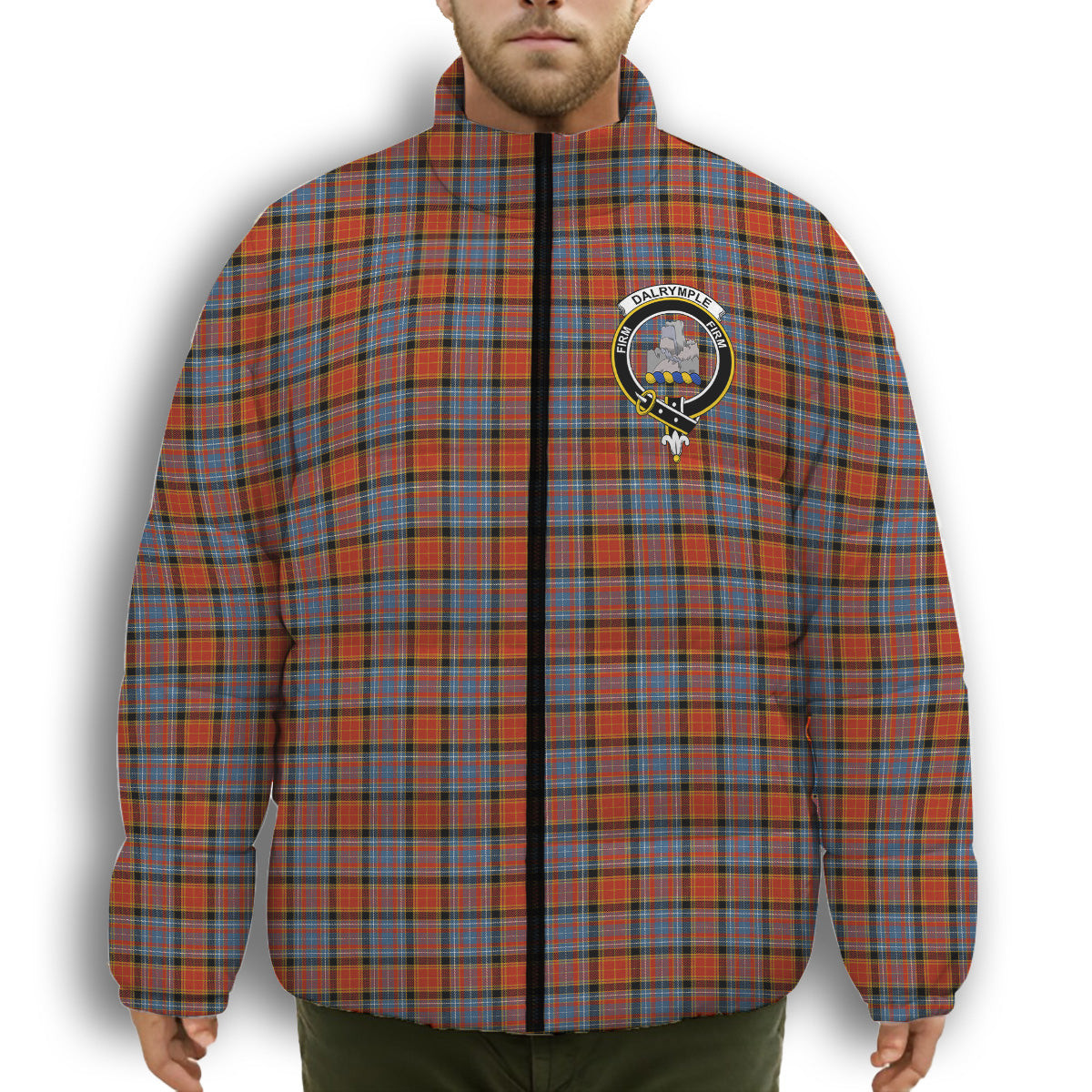 ScotsTee Shop Scottish Dalrymple of Castleton Ancient Crest Tartan Collar Down Jacket Winter White Duck Down Plaid