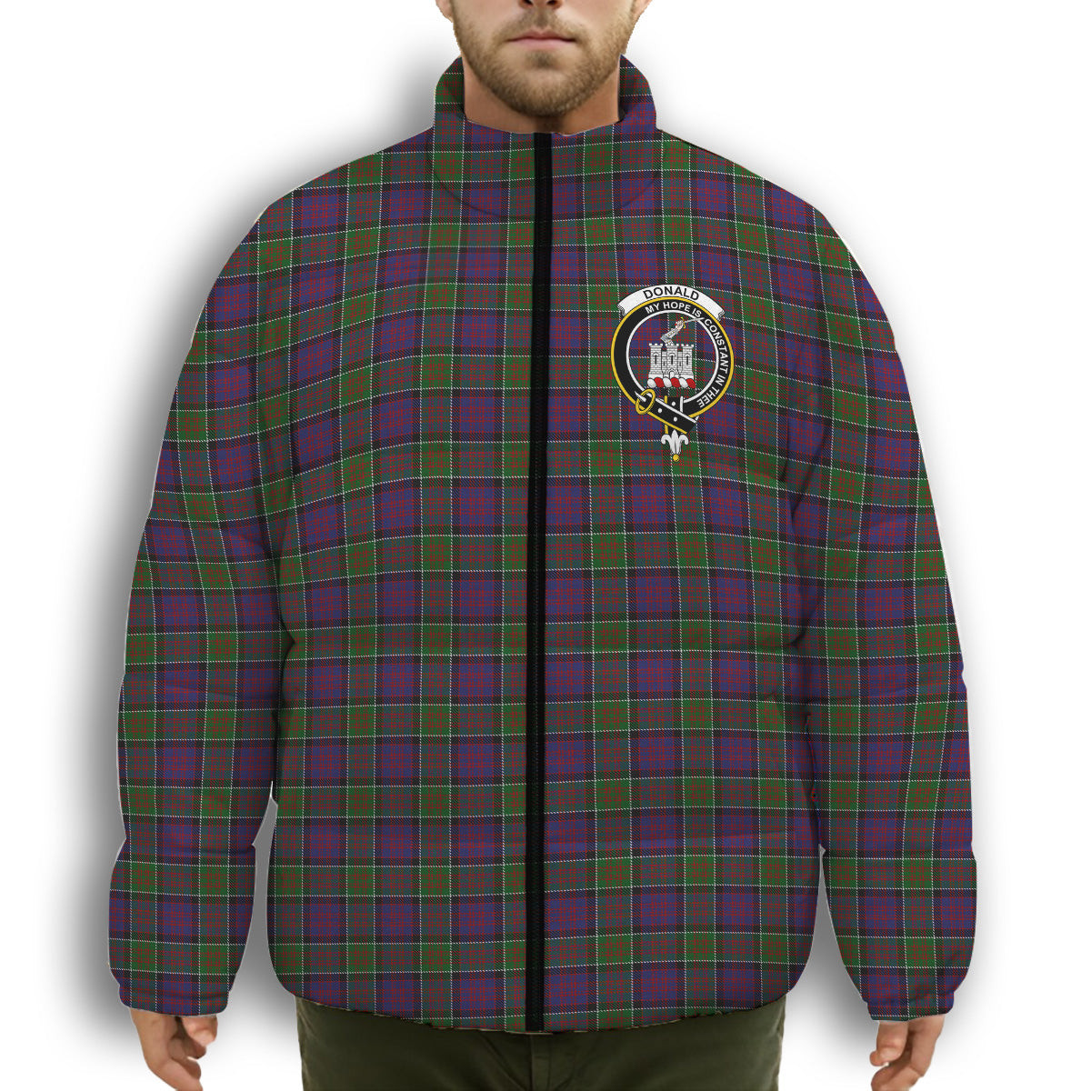 ScotsTee Shop Scottish Donald of Clan Ranald Modern Crest Tartan Collar Down Jacket Winter White Duck Down Plaid